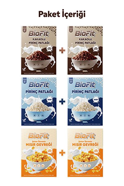 Biofitle BioFit 6’lı Paket – Sade Pirinç Patlağı + Kakaolu Pirinç Patlağı + Şekersiz Mısır Gevreği 250gr