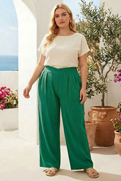 Stil Diva Plus Size Pleated Pocket Wide Leg Stretch Fabric Pants 875-V