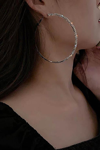 TAKIŞTIR Gümüş Renk Taş Detaylı Halka Küpe (Çift)