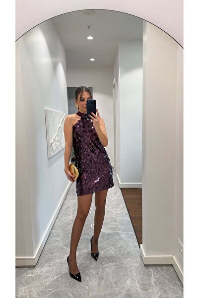 sinemkivanc co HALTER YAKA PAYETLİ MİNİ ELBİSE