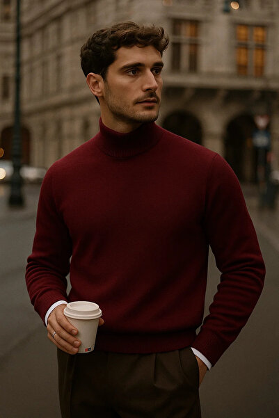 COMBİNE MİCHAİL Men's Long Sleeve High Neck Loose Burgundy Knit Sweater