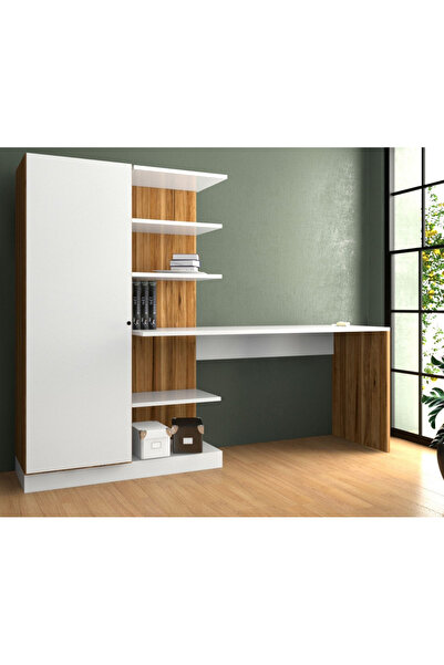 Bicabin Narin Raflı Kitaplıklı Dolaplı Çalışma Masası ATLANTİKÇAM/BEYAZ (DOLAP SOL)