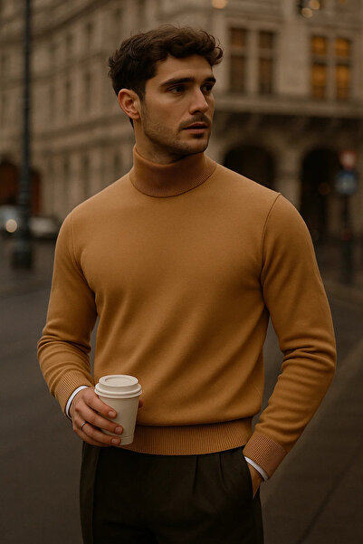 COMBİNE MİCHAİL Men's Long Sleeve High Neck Loose Fit Brown Knit Sweater