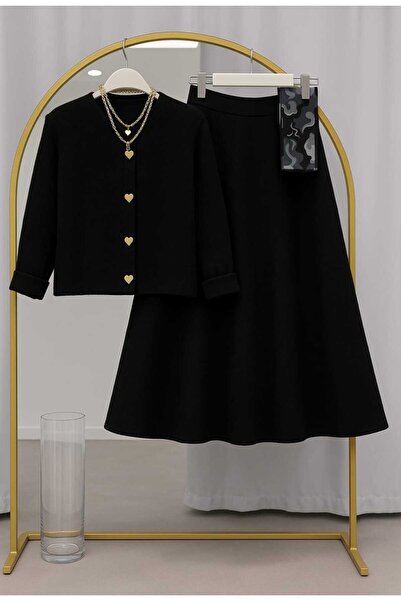 MODA VEDAT Set de tricotaje pentru femei, cu nasturi în formă de inimă, cu fustă -56