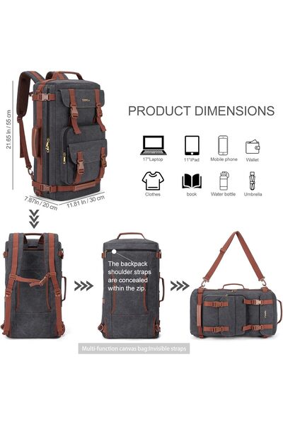 Tzowla Canvas Travel Backpack - 3-in-1 Convertible Duffel/Messenger, Fits 17-inch Laptop