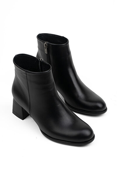 RABU حذاء نسائي أسود بكعب من الجلد الطبيعي من جلد الغزال بمقدمة مستديرة