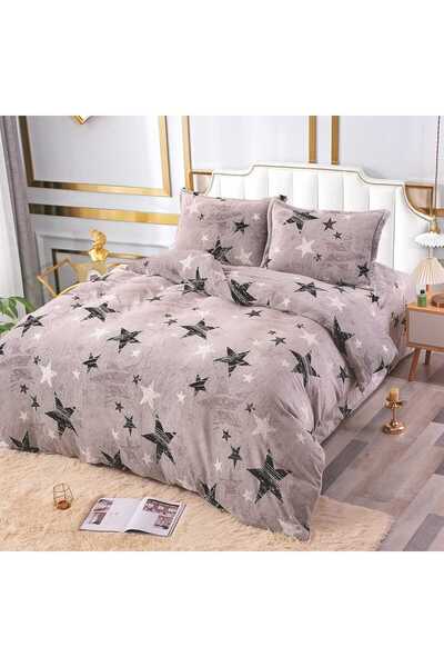 trendyhome Double Fitted Bed Linen, Fluffy Material, 4 Pieces – Stars, Grey/Black