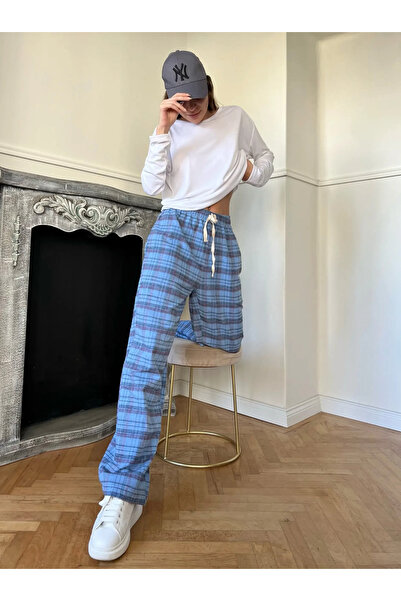 8line Plaid Patterned Lace-Up Sweatpants Blue