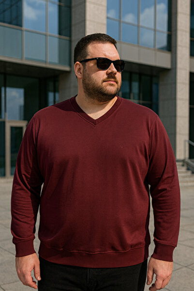 Maccali Men's Casual Plus Size Loose Burgundy V-Neck Sweater