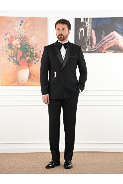 PAREZ Erkek Kruvaze Tokalı Smokin Damatlık İtalyan Stil Ceket Pantolon Papyon...