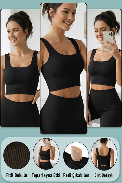 LoremLavida 3 Pieces Crop Tank Top Padded Sports Bra Black 100% Cotton