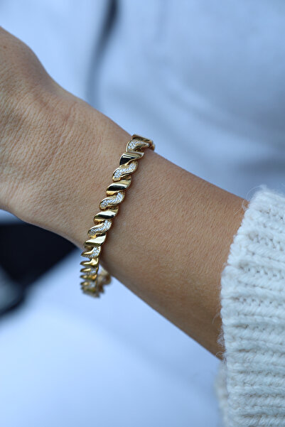 Yenigün Kuyumculuk 14 Ayar Altın Taşlı Sarmal Kutu Kilitli Bileklik