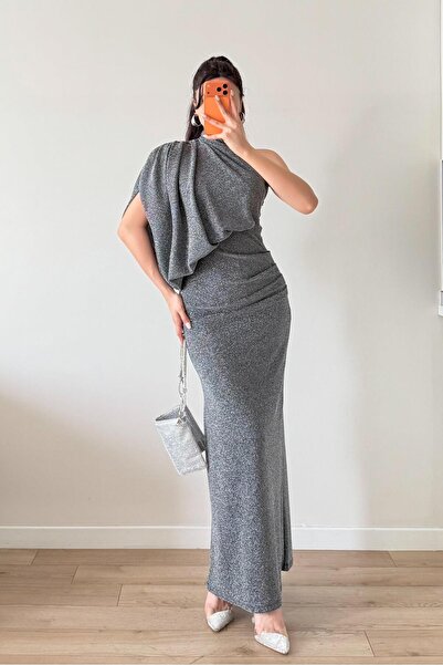 Serica Moda Gray High Neck One Shoulder Flowy Glitter Dress