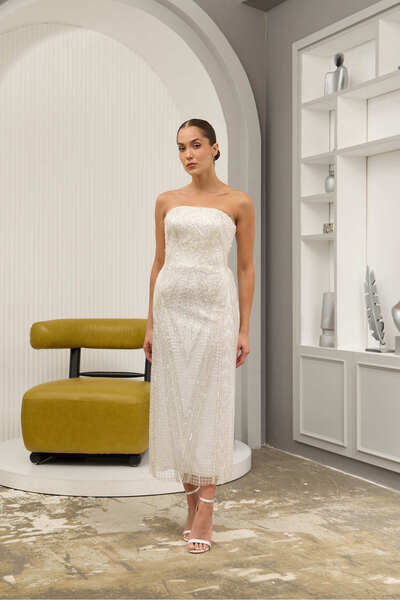 Lenta Wedding Beyaz Dantel Kaplama Midi Boy Kalem Nişan Ve Gece Elbisesi