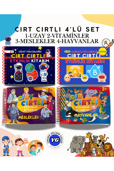 Burhan Yayınları Cırt Cırtlı Etkinlik Kitabım – 4’lü Set UZAY/VİTAMİNLER/MESLEKLER/HAYVANLAR