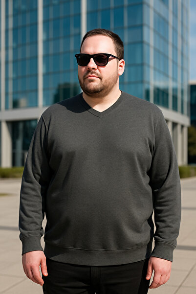 Maccali Men's Casual Plus Size Loose Smoked V-Neck Sweater