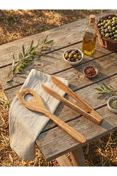 Home Natural Olive Wood Serving Set of 2 - Handmade Wooden Tongs and Spatula