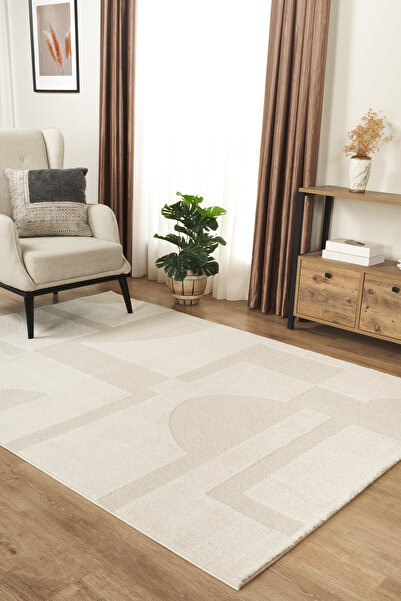 Livset Home Yumuşak Modern Krem Halı Salon Mutfak Antre Yolluk Oturma Odası Ç...