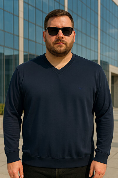 Maccali Men's Casual Plus Size Loose Navy Blue V-Neck Sweater