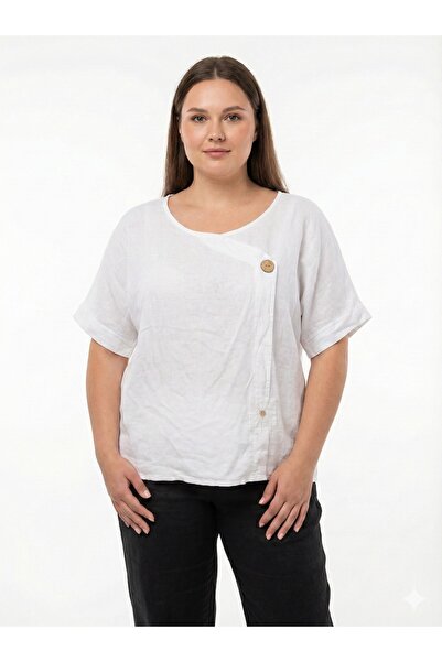 della moor Λευκή ιταλική μπλούζα D διακοσμητικά κουμπιά με φαρδύ κοντό μανίκι O oversized λινό μπλούζα μεγέθους 40 - 48