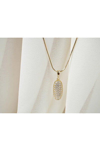 ATELİER TUĞBA Kol095 Zircon Stone Long Oval Gold Necklace