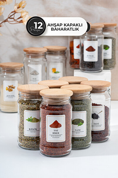 Homekolik Set of 12 Glass Spice Jars with Wooden Lids and Vacuum Labels – 13X...