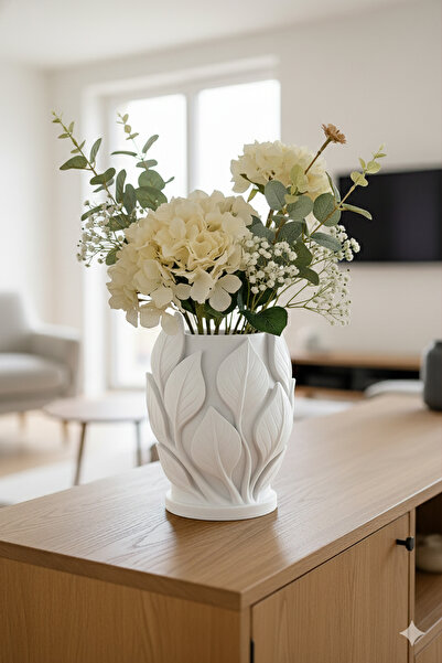 MEK Yaprak Dokulu Modern Plastik Vazo Beyaz (20x16cm)