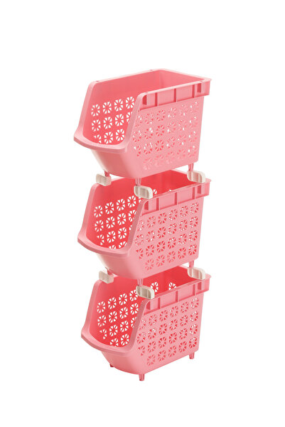 Lawazim رفوف تخزين بثلاث طبقات - وردي - سلال تنظيم بلاستيكية متعددة الأغراض