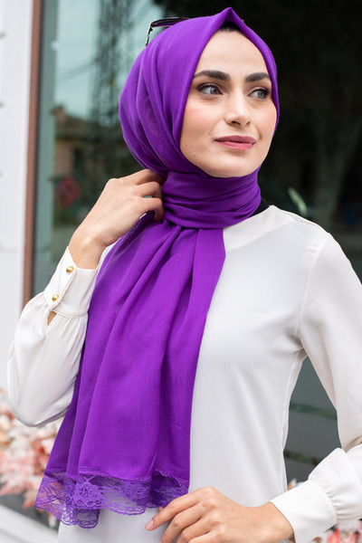 Feiza Collection Dantelli Pamuklu Soft Şal Mor