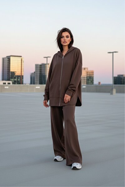 eyyebelle طقم نسائي مكون من قطعتين من قماش المودال مع جيب كنغر وسحاب