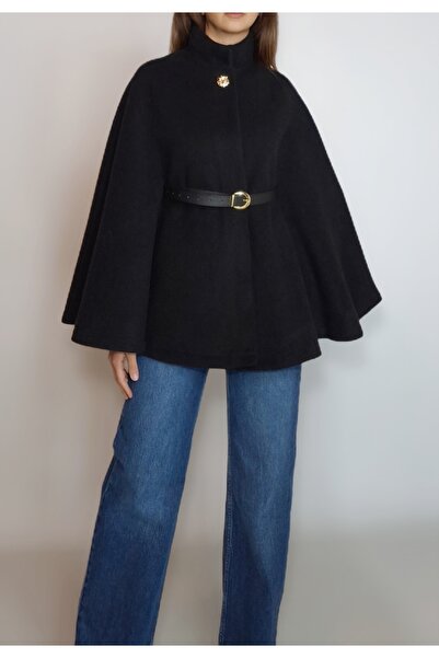 oyagüler Women's Black Gold Button Belted Cape Poncho Yy101298