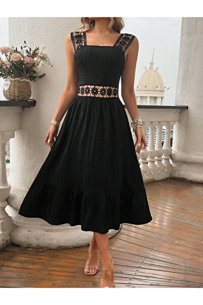 Wear Up Women's Strappy and Waist Lace Detailed Ruffled Long Wrap Dress