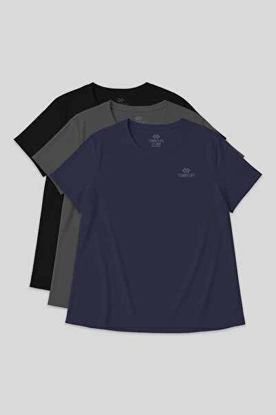 TOMMY LIFE Rahat Form 3-Pack Black-Indigo-Dark Gray Oversized Women's T-Shirt - 97308