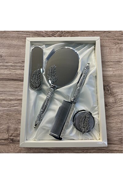 AMOR طقم مشط مرآة فاخر فضي لامع (ورقية)