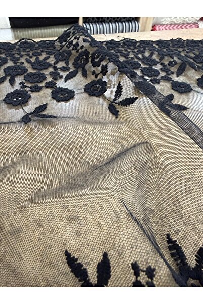 METERİAL قماش تول مطرز بنقشة زهور سوداء - قماش فساتين السهرة والتصميمات الخاصة