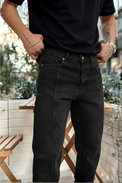 A&O Style Pantaloni de blugi pentru bărbați, negri, cu croiala obișnuită, lavabili, cu cusături, cu design detaliat