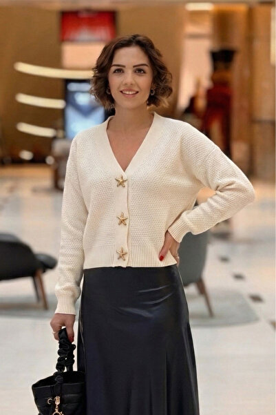 Nevin Kaya Moda Cream Color Starfish Buttoned Knitwear Cardigan