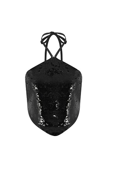 La Sarta Oslo Sequined Halter Neck Black Bodysuit