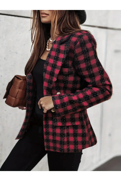 Wear Up    Women's Long Sleeve Collared Square Patterned Plaid Buttoned Jacket