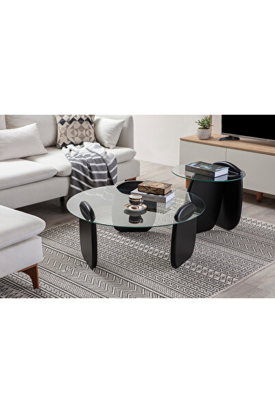 ERİZA Riva, Yeni Nesil 2'li Modern Cam Orta Sehpa, Siyah