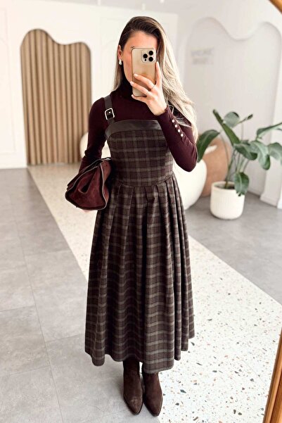 LUV STUDİOS CO Kahverengi Ekose Deri Askılı Pileli Midi Kadın Slopet Elbise
