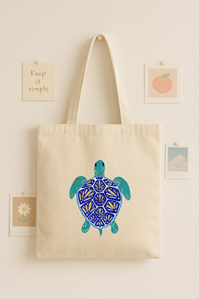 Maki Craft Renkli Kaplumbağa Baskılı Bez Çanta Tote Bag