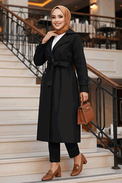 N.S NEVA STYLE Belted Black Cashmere Hijab Coat 61210S