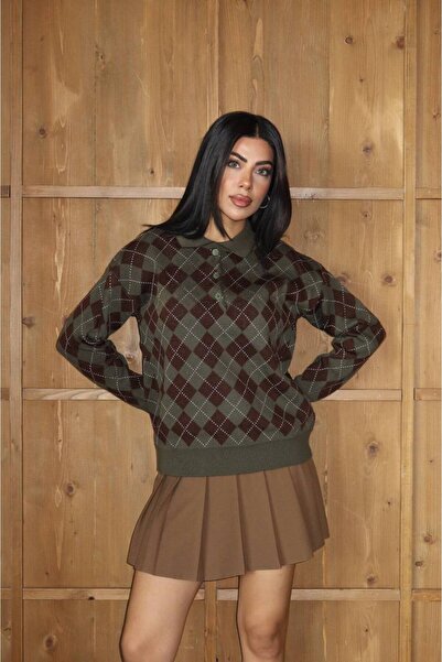 DONNA LISSA Women's Diamond Pattern Button Detailed Polo Neck Knitwear Sweater Dl81