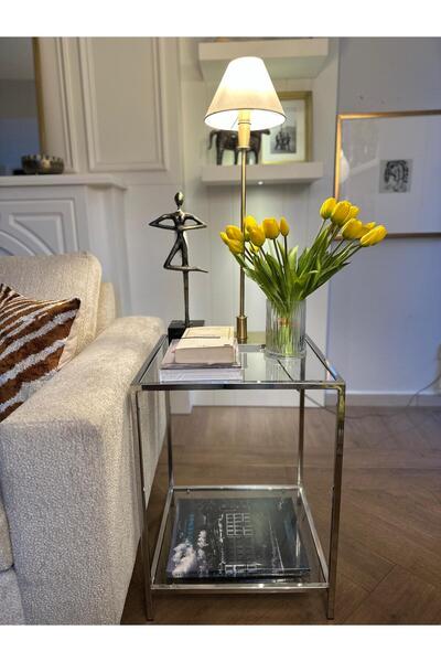Dekordan House Paslanmaz Çelik Gümüş Kare Yan Sehpa