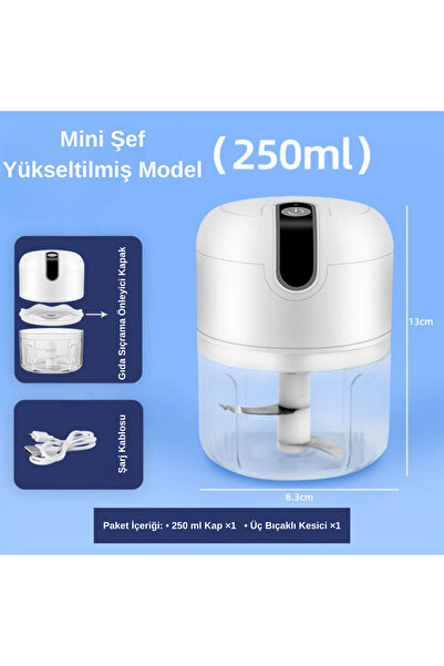 Buldug Kablosuz Mini Şef Doğrayıcı 250 ml – USB Şarjlı, Paslanmaz Çelik 3 Bıç...