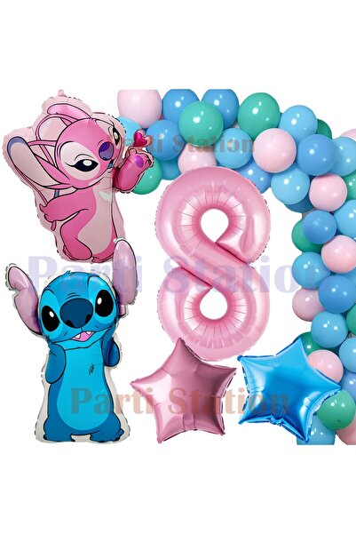 Parti Station Lilo Stitch ve Angel 8 Yaş Doğum Günü Parti Seti Pembe Rakam ve...