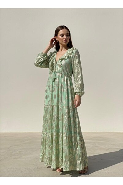 Rabiossa KADIN İTHAL UZUN FIRFIRLI YAKA ELBİSE