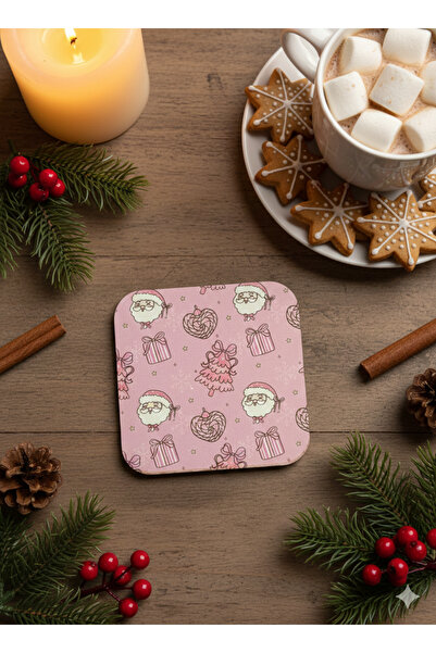 Pink Christmas Pattern Coaster with Santa Claus and Gift Box