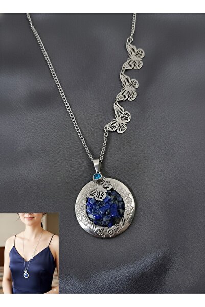LADYMİRAGE Lapis Stone with Steel Cover Design Necklace